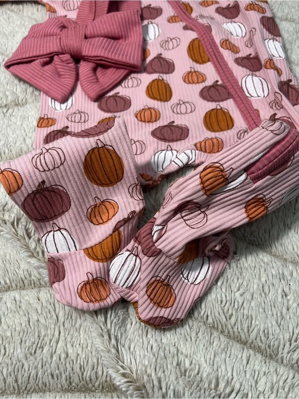 NWT Mud Pie Baby Girls Pink Pumpkin Footie Sleeper & Headband Set 0-3M Fall